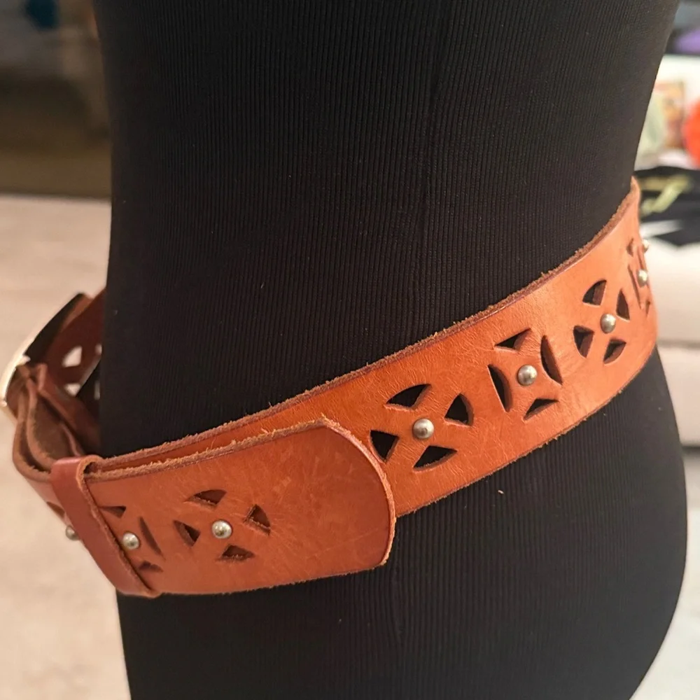 Brown Leather Studded Belt One Size